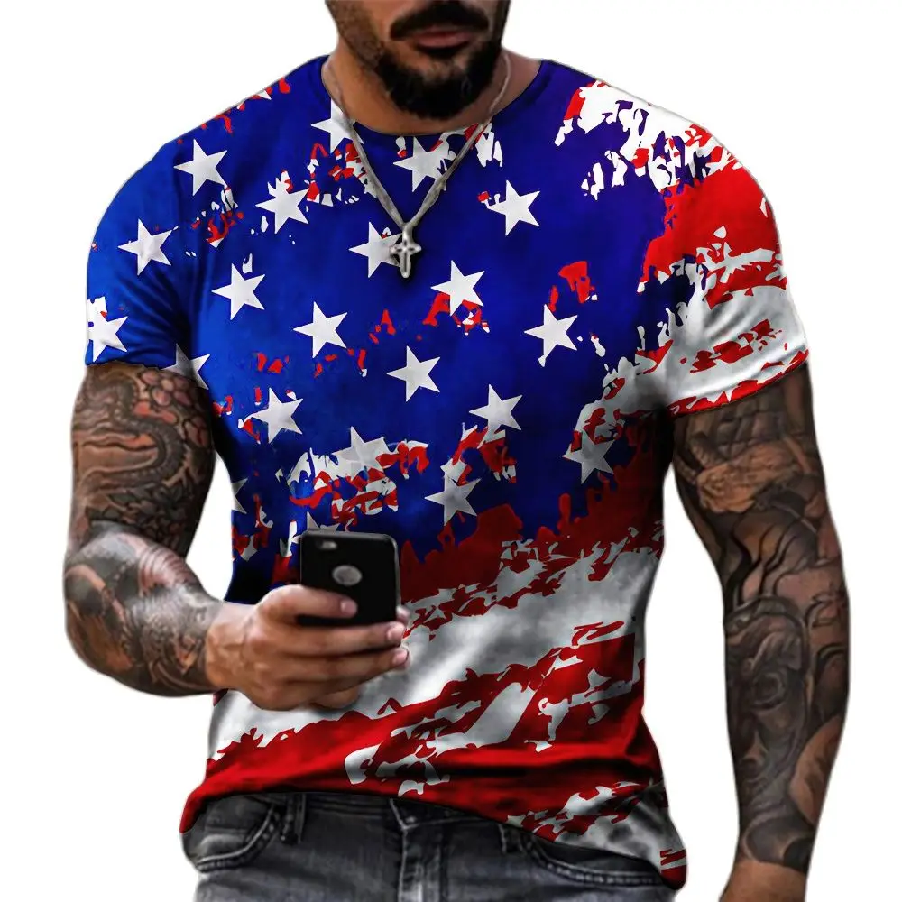 

Men's American Flag Stripe Harajuku Creative 3D Printed Short Sleeve Summer Lightweight Quick Dry Sports Large Size T-Shirt Top