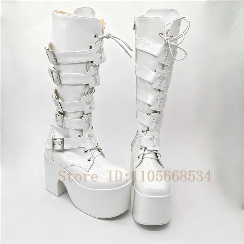 Thick Soled Patent Leather Gothic Long Boots Women Cross Embroidered Buckle Straps Punk Girl Cosplay Halloween Party Boots