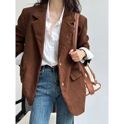 Women Metal Buckle Corduroy Blazer Brown Beige Ribben Stripe Coat For Business Casual