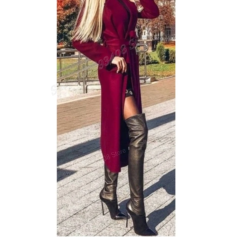 Black Patchwork Fabric Over the Knee Boots Pointed Toe Stiletto High Heel Women Shoes 2023 New Fashion Sexy Zapatos Para Mujere