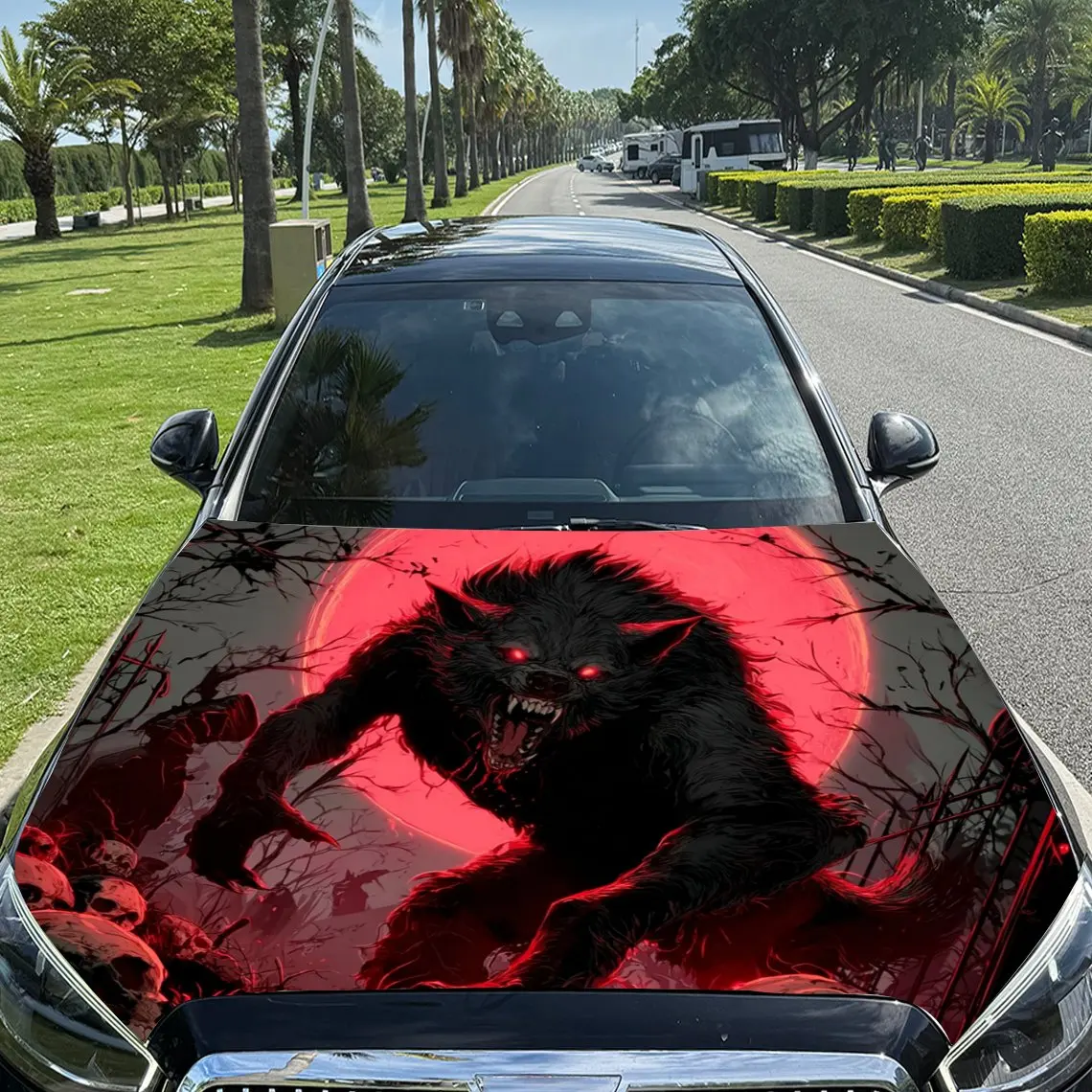 Blood Moon Demon Wolf Attacking Car Vinyl Wrap, PVC Material Waterproof Car Hood Sticker, Self-Adhesive Scratch-Resistant Sticke