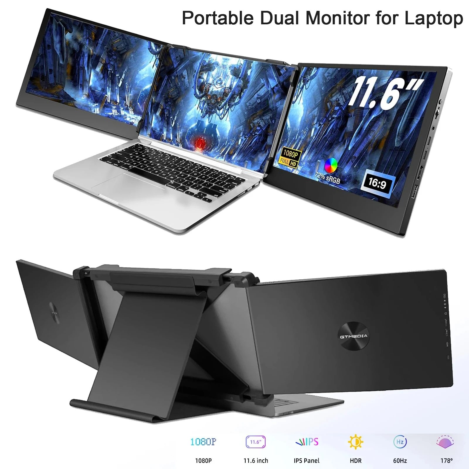 Gtmedia Draagbare Monitor Voor Laptop Afneembare Drievoudige Monitor Met Standaard Hdr Ips Dual Extender Scherm Voor 13.1-17 Stock Game