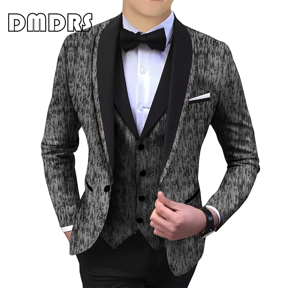 Dyeing Stripes Men's 3 Pieces Suit Set Jacket Pants Vest Shawl Neck Men Tuxedo Dinner Formal Suits Dresswear Groom