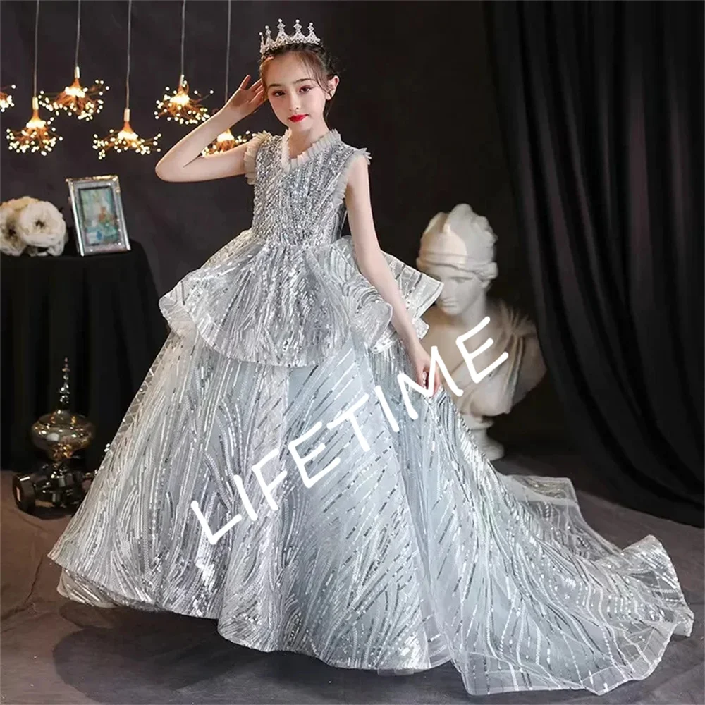 Vestido de baile de lantejoulas para meninas, vestidos de renda para casamento, primeira comunhão, festa de aniversário infantil, gola V, vestido de baile, trem, 2023