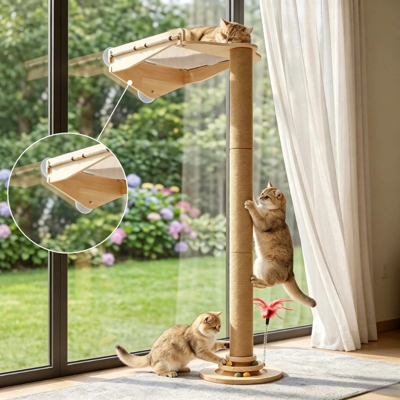 Suction Cup Cat Tree Window Sisal Cat Scratching Post Indoor Multi‑Level Kitten Hammock Cats Sunbathing Rest Climbing Furniture