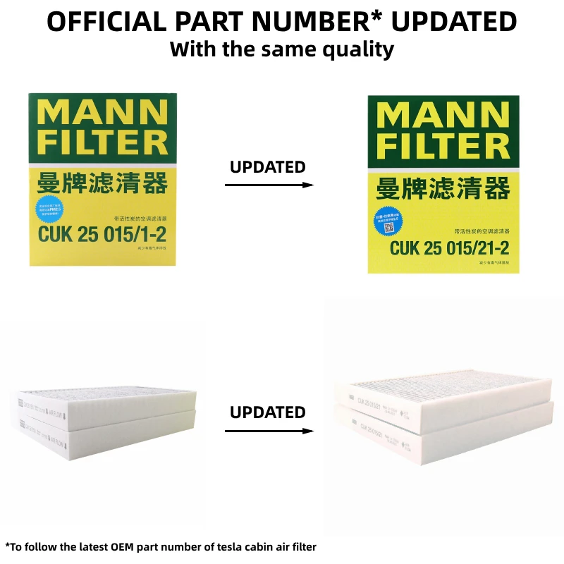 Para Tesla Model Y Model 3 EV HEPA Kit de filtro de cabina de carbono filtro MANN CUK25015/21-2 CUK46025/1-2 CU47025/3-2 filtro de aire incorporado
