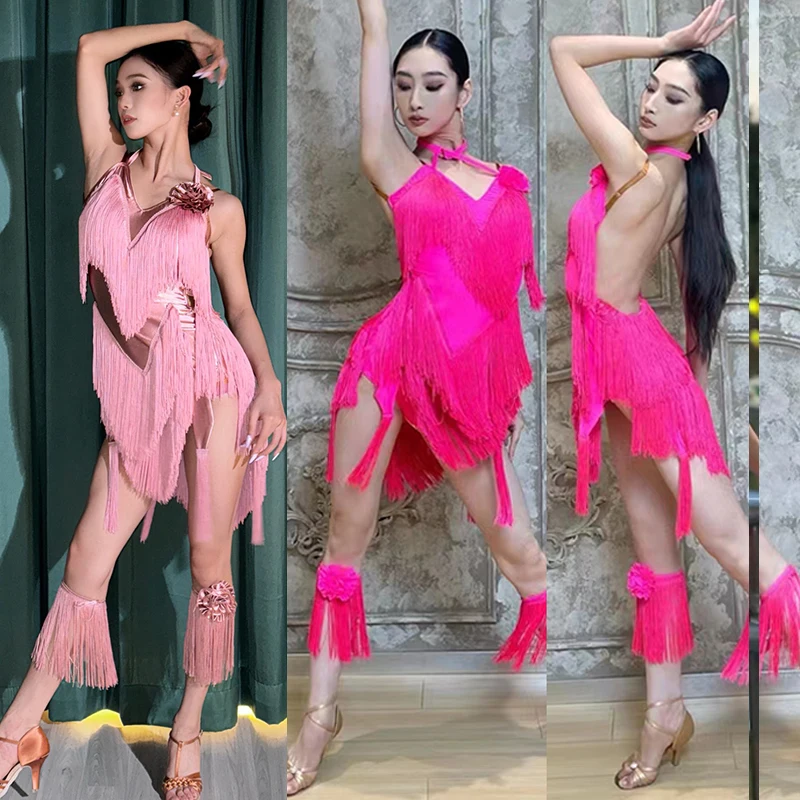 

Pink Tassels Latin Dance Dress Women Professional Competition Clothing Cha Cha Rumba Samba Fringe Dress Sexy Dance Wear DNV21632