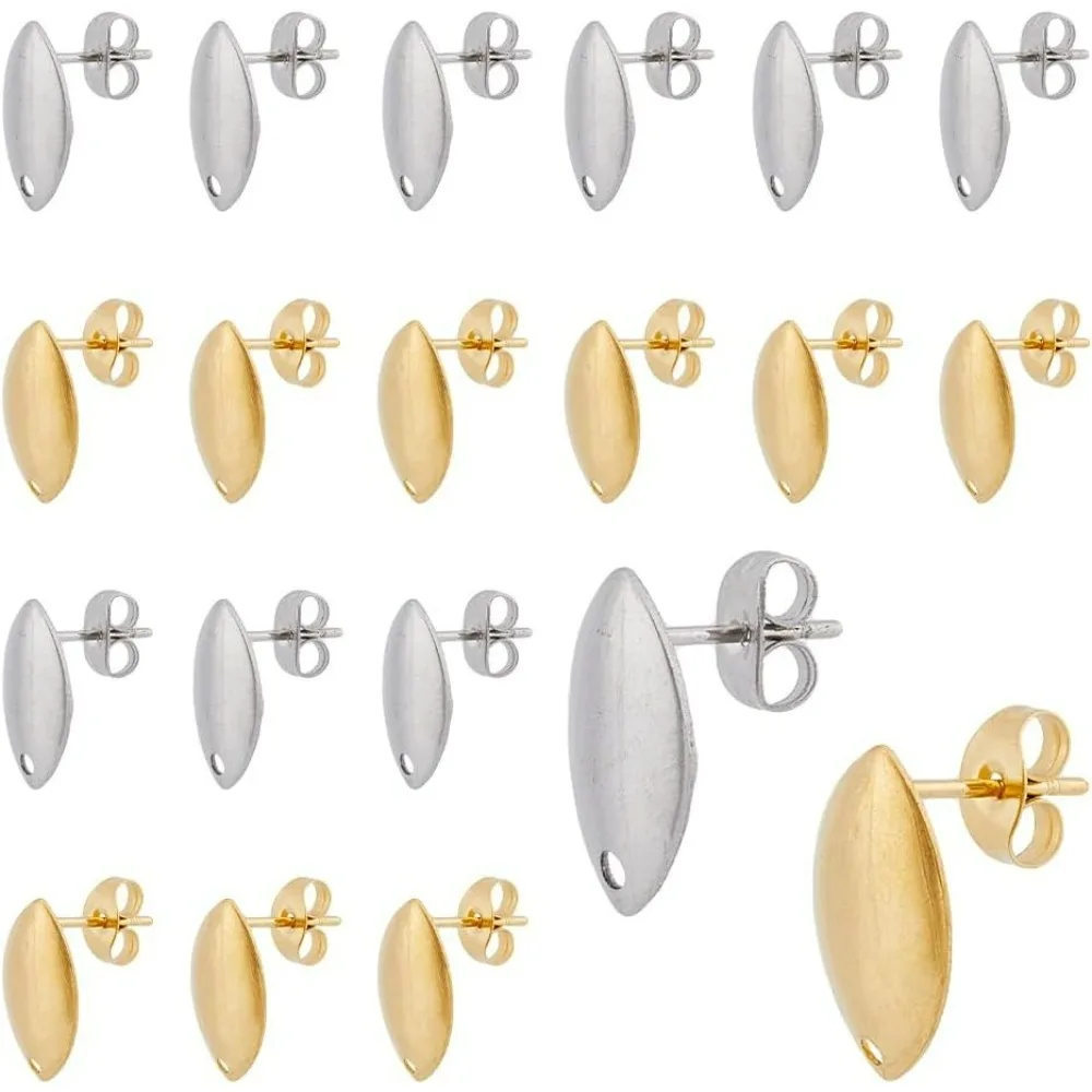 40Pcs 2 Colors Horse Eye Ear Stud Earrings Post with Loop Ear Pad Base Posts Oval Earrings Studs with Hole Stainless Steel Stud