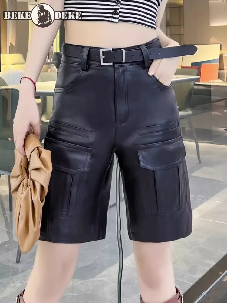 Genuine Leather Women Cargo Shorts High Waist Slim Fit Knee Length Straight Trousers Punk Black Real Sheepskin Motorcycle Shorts