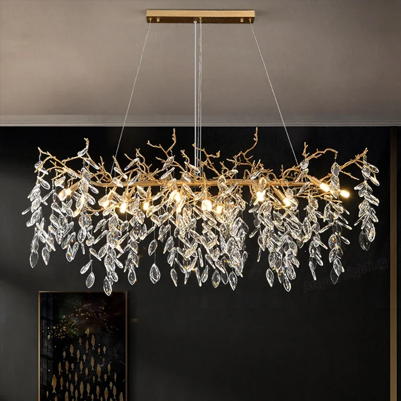 Modern Luxury Crystal Chandeliers Metal Long/Round Hanging Lamp for Dining Living Room Hotel Hall Art Gold Light Fixture Decora