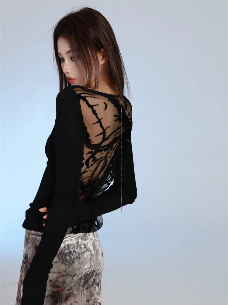 

Moth See Through Designer Mesh Top Black Long Sleeve T Shirt Women Clothing Fashion Funny T Shirts 2025 Spring