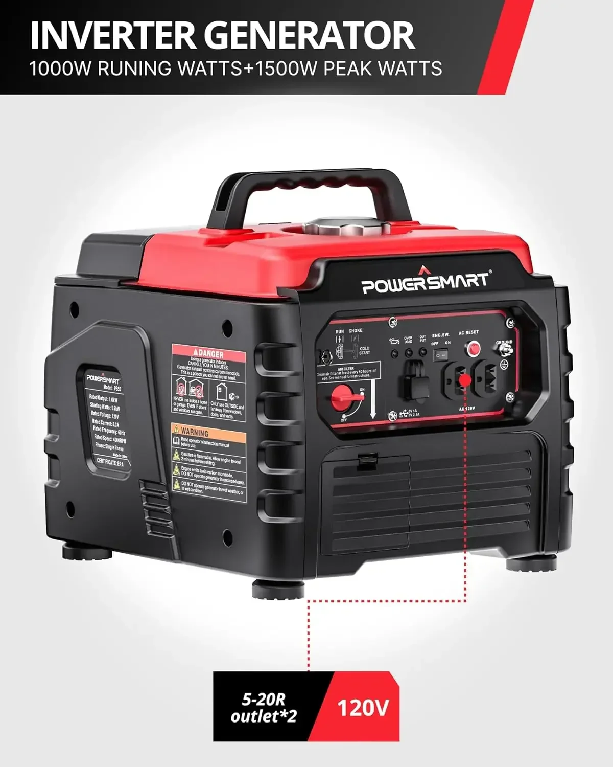 

A Portable Inverter Generator Gas Powered1500-Watt Small Generator with Recoil Start Quiet Technology&Ultra-Light for Camping