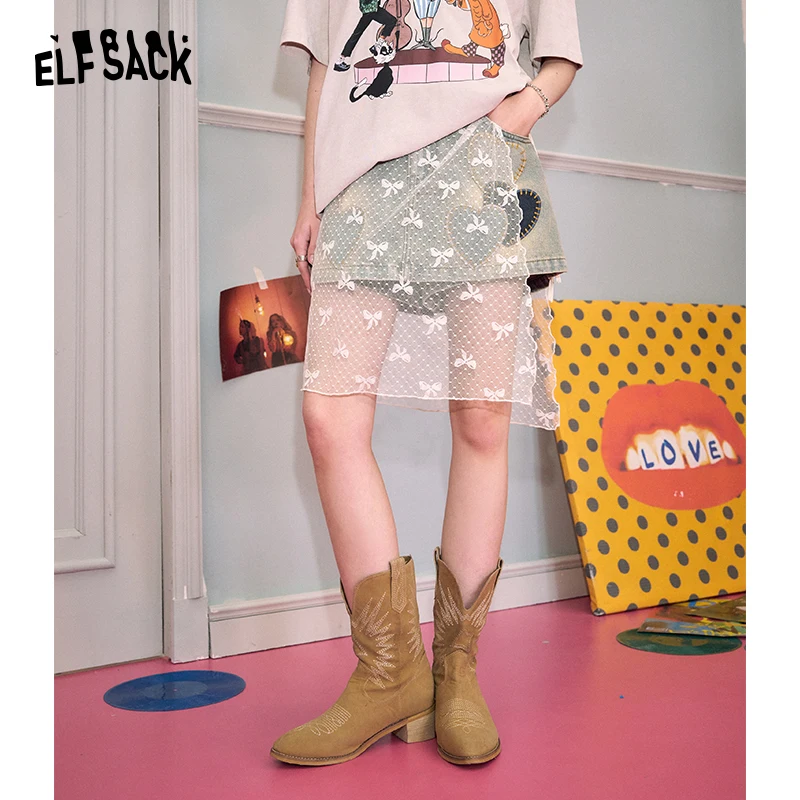 

ELFSACK 2024 summer new arrival picnic travel vacation holiday soft comfortable fitted Lace layered half skirt tied gauze skirt