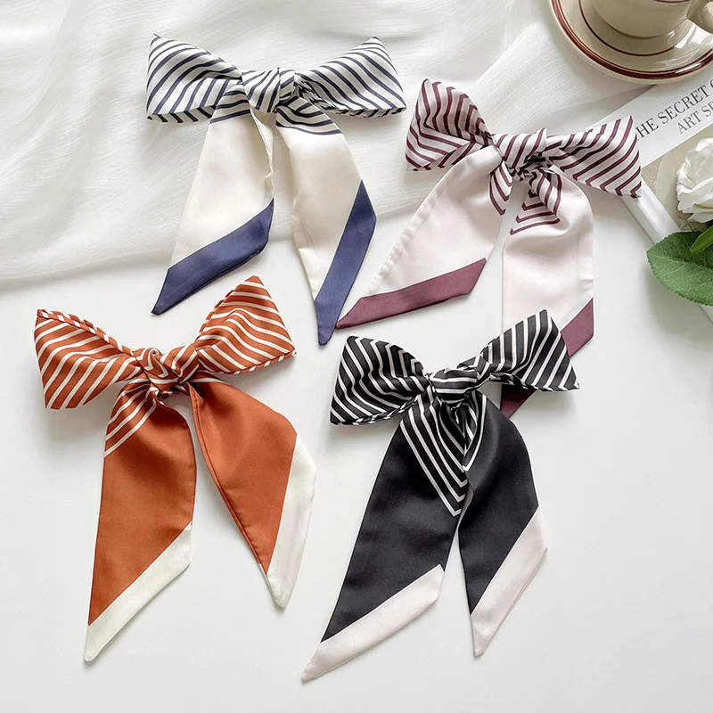 Fashion Skinny Silk Scarf for Women Stripe Hair Ribbons Headbands Bandana Female Bag Wrist Wrap Neckerchief Foulard Neck Ties