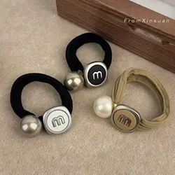 New Fashion High Elastic Letter Hair Bands Classic Korea Metal Ball Big Pearl Rubber Bands Scrunchies Hair Rings Nylon Ropes