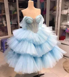 Fluffy Sky Blue Tulle Women Dresses To Birthday Party See Thru Coset Beaded Tulle Prom Gowns Sweatheart Ankle Length Tull Gowns