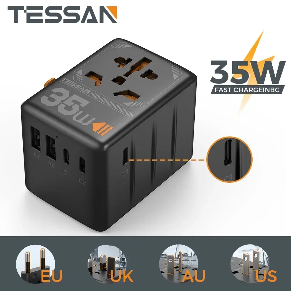 TESSAN 35W Universal Travel Adapter with 2 USB Ports & 3 Type C International Plug Adapter Wall Charger for US EU UK AUS Travel