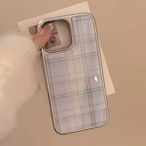 Blue Grid Pattern Drop Glue Silver Plated Frame Cover Case for iPhone 16 15 14 13 12 11 Pro Max Plus XR Shockproof Protective