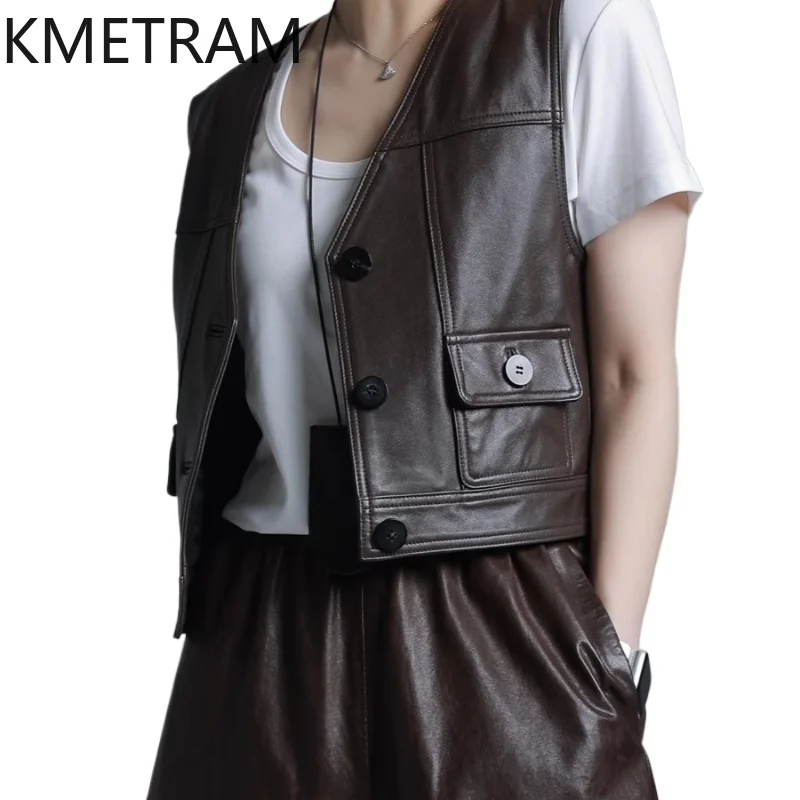 KMETRAM Chaleco de piel de oveja Natural, chaqueta de cuero informal a la moda para mujer, ropa de abrigo corta de otoño 2025, nouveaux prendas de vestir exteriores