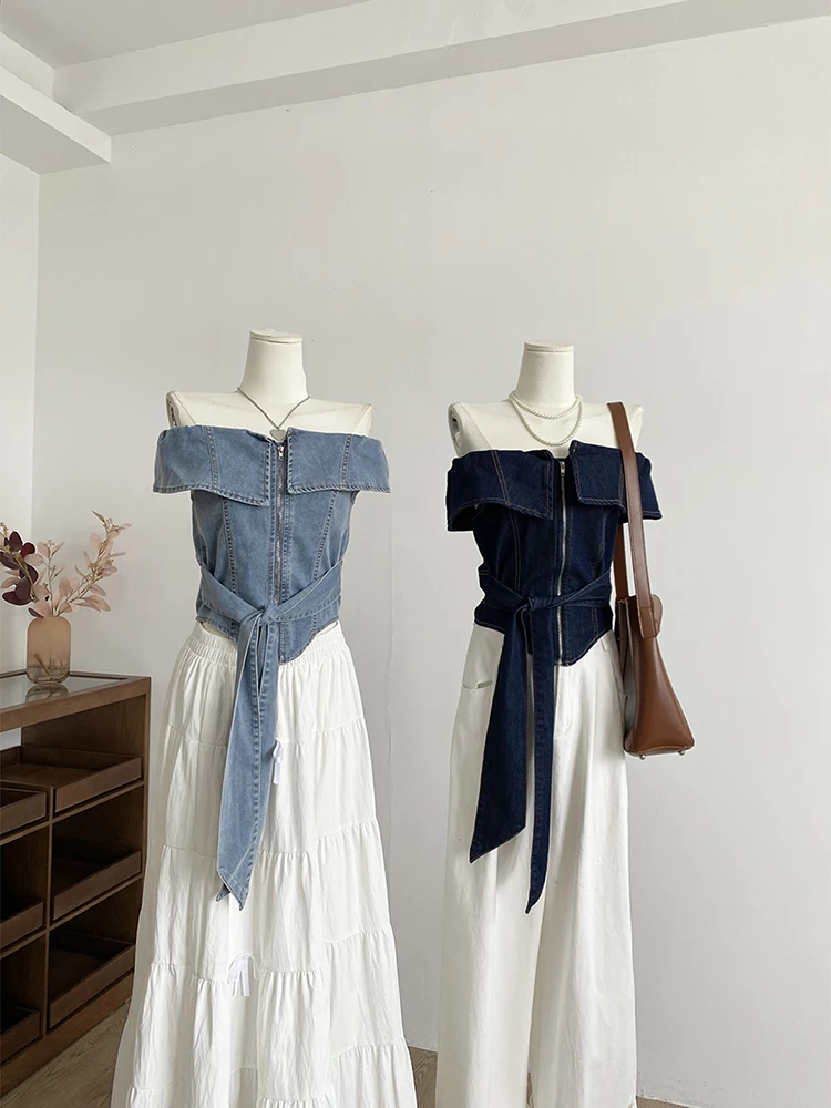 

2025 Summer New Korean Style Spicy Girl Cowboy Strap Zipper Off Shoulder Women's Fashion Trend Slimming Temperament Top