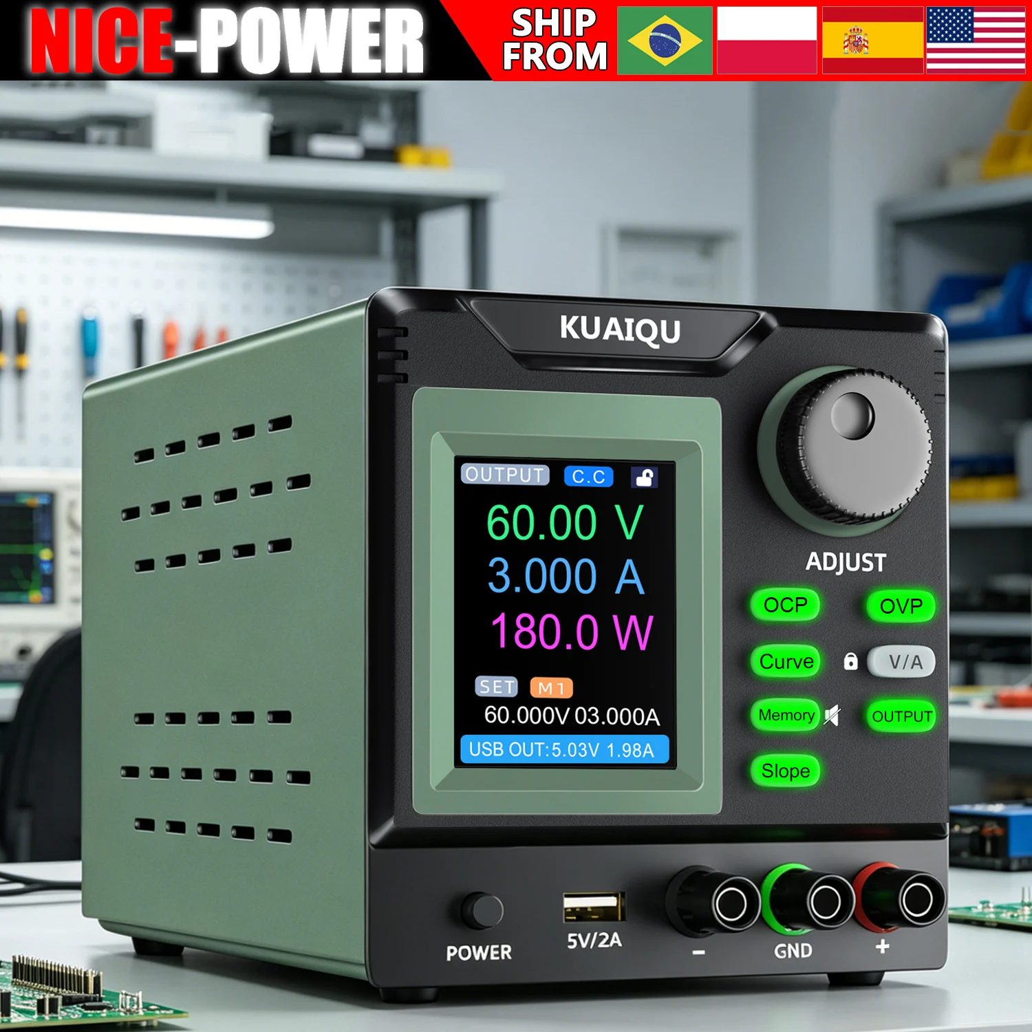 KUAIQU SPPS-D603X-R Programmierbares Präzisions-Netzteil, variabel einstellbar, 60V, 3A DC, geregeltes Labornetzteil, Mit SLOPE, Kurvendarstellung, OCP/OVP/SCP, Ausgangssperre, Speicher für 99