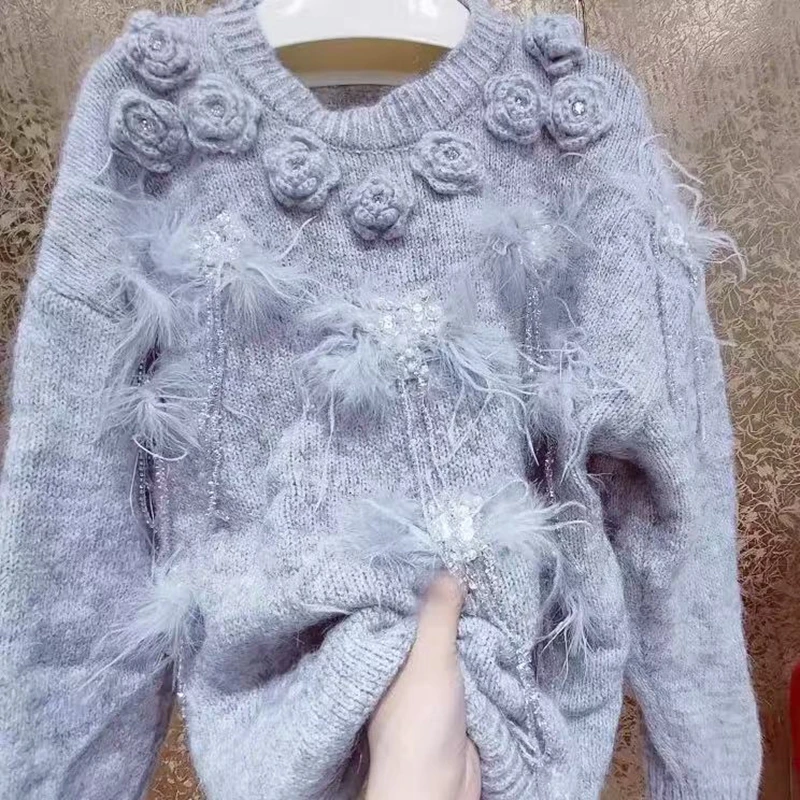 High-end Wool Blended Pullovers Handmade Hook 3D Flowers Crystal Bead Genuine Fur Sweater Women Autumn/Winter Outwears Jumpers