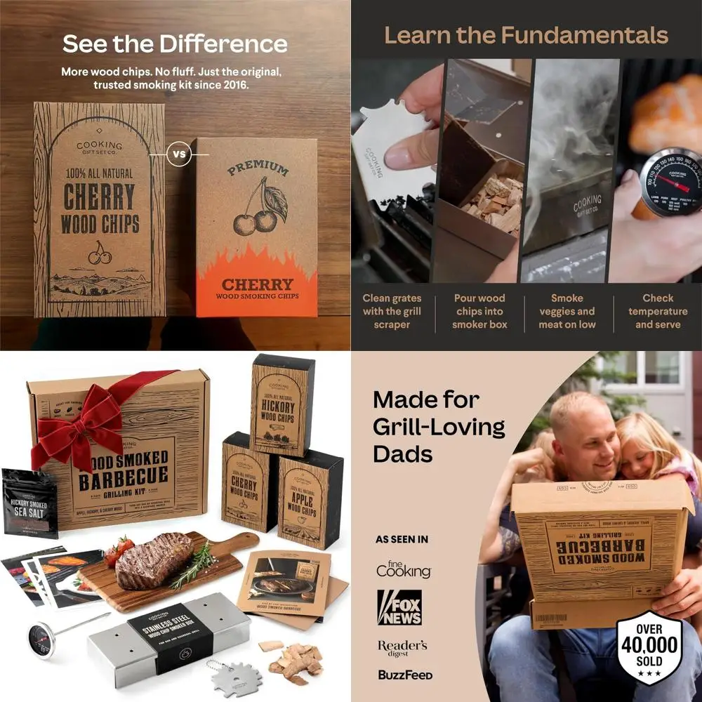 

Набор для курильщика газового гриля для гурманов: коробка из нержавеющей стали, дровяная щепка, термометр, скребок, рецепты — подарки для барбекю для мужчин