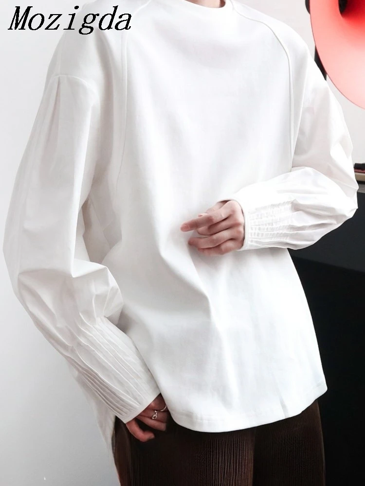 

Autumn Long Sleeve Pleated T Shirt Blouse Dress Korean Casual Black White Loose Ladies Tops
