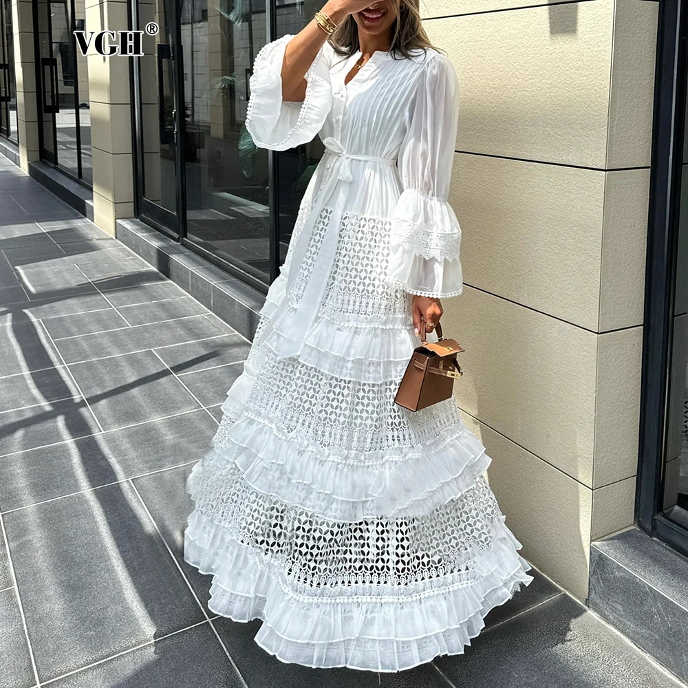 VGH Solid Spliced Ruffles Elegant Long Dresses For Women Stand Collar Flare Sleeve High Waist Temperament Dress Female Fashion