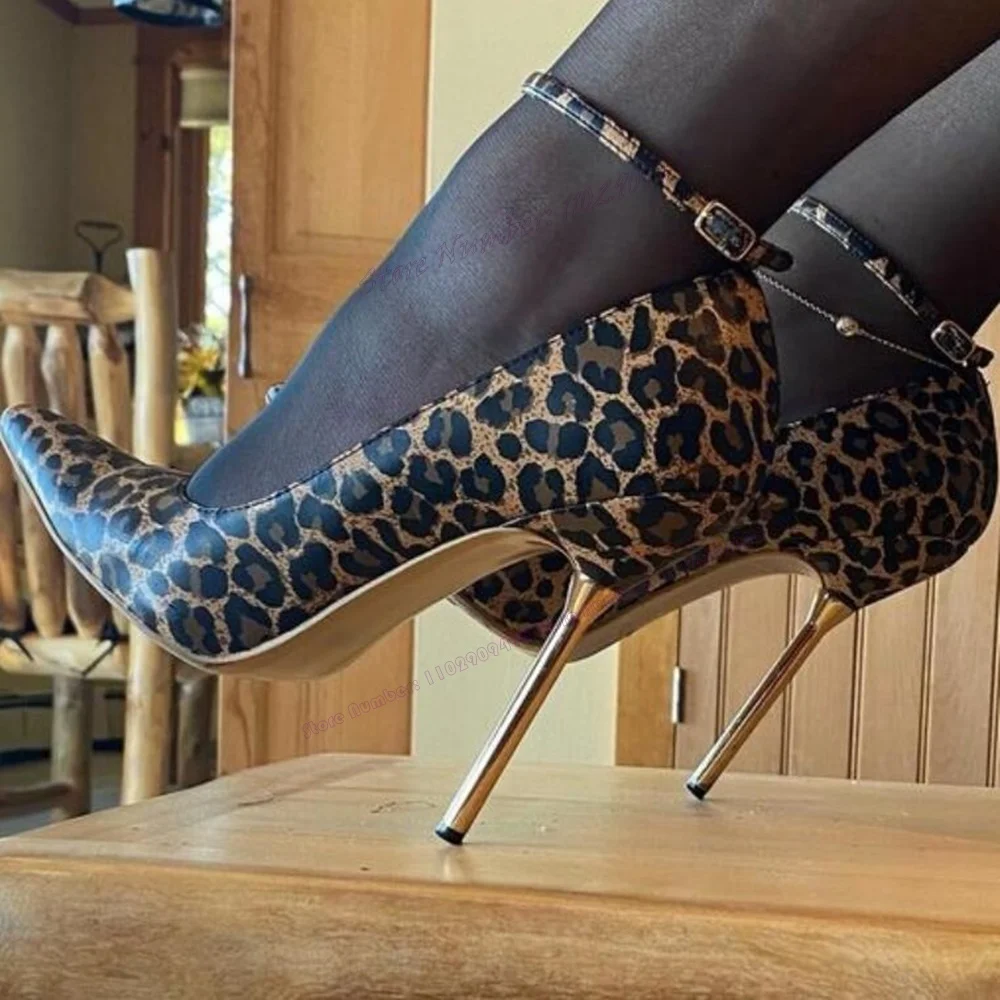 Leopard Back Strap Metal Heels Pumps Shallow Pointy Toe Shoes for Women Thin High Heels Sexy Lady Shoes 2023 Zapatos Para Mujere