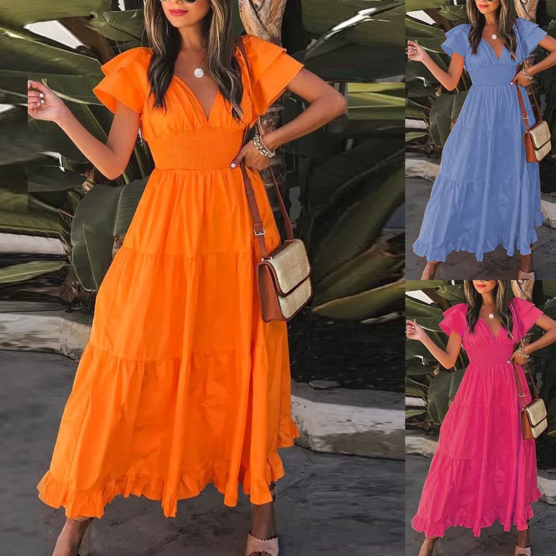 

FD919 Spot Goods2025New European and American Women's Fashion Summer New Fashion Short Sleeve Large Swing Mid-Length Dress