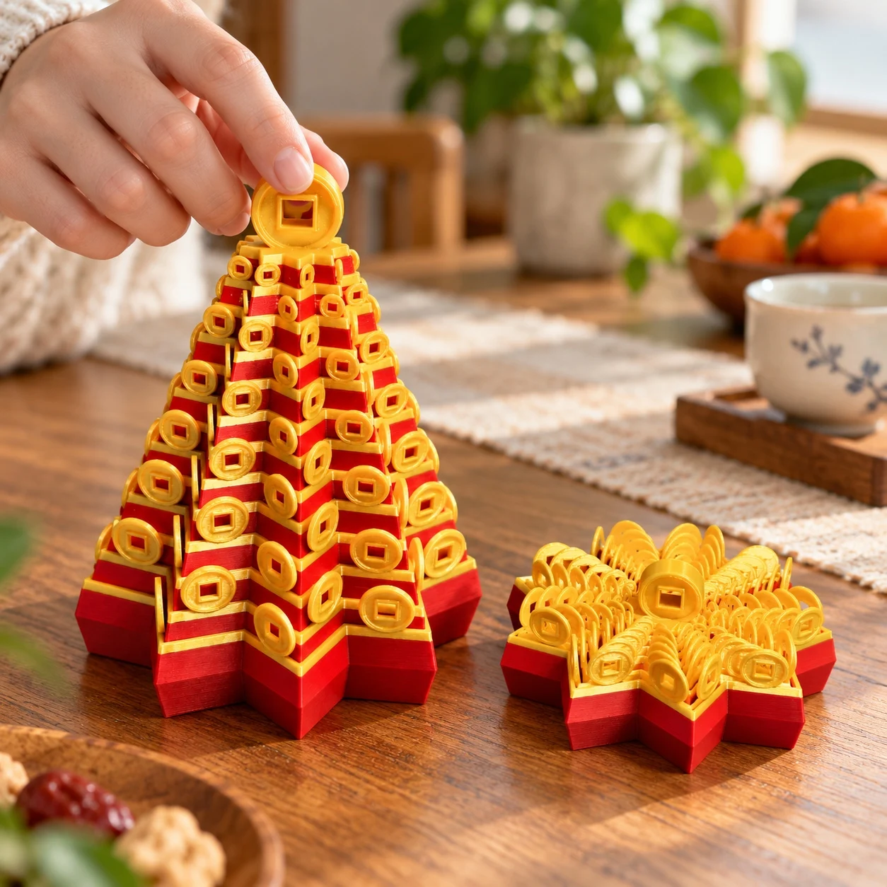 Expandable Money Tree Ornament, Red and Gold Chinese Coin Tower Desk Decor, 3D Printed Chinese New Year Housewarming Gift