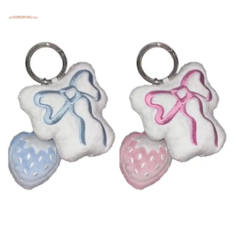 Porte-clés à breloques en peluche avec nœud en forme fraise, joli pendentif suspendu, ornement, décoration à