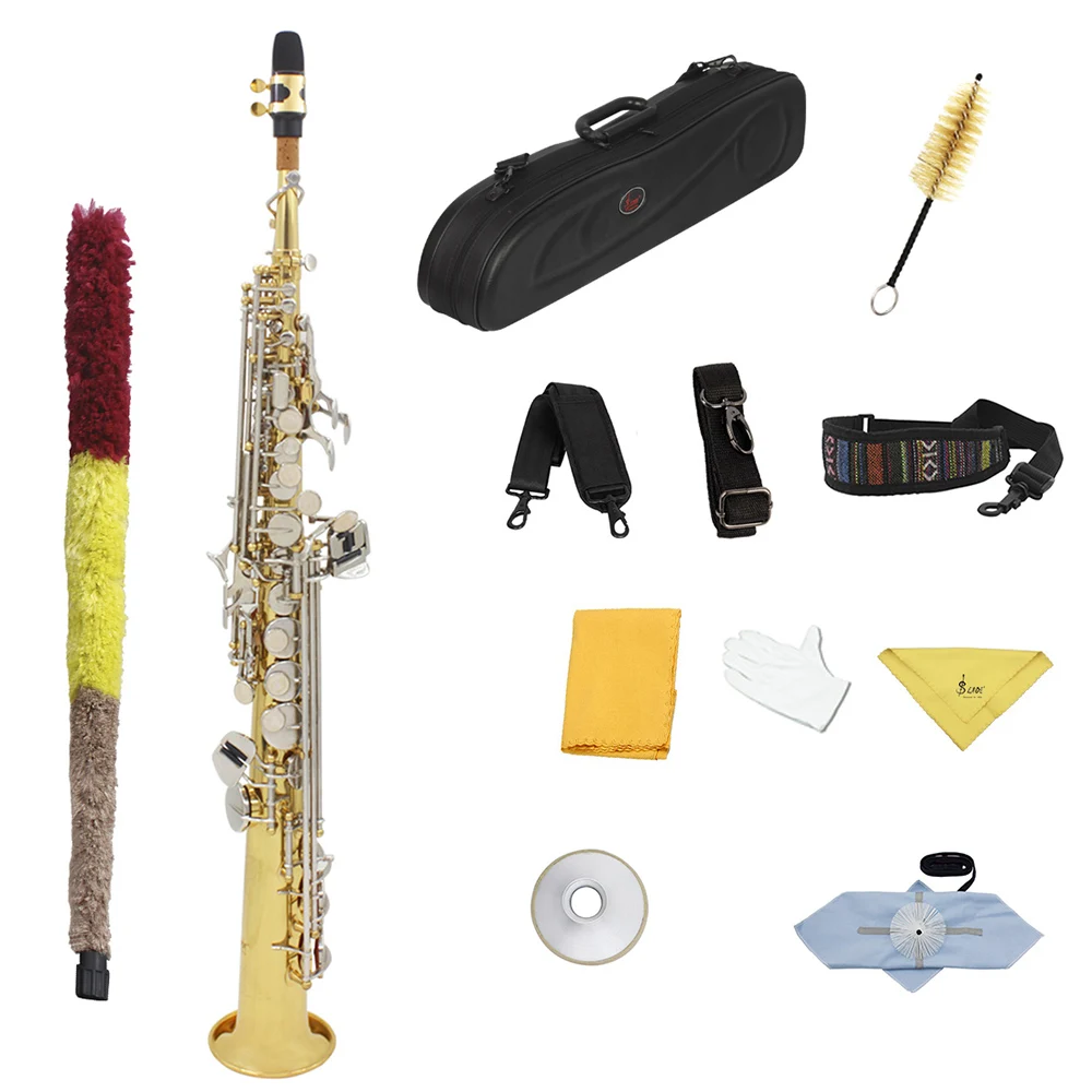 SLADE Soprano Straight Saxophone Golden Bb Tune Silver Key Sax Brass Body Woodwind Instrument With Saxophone Parts &  Accessory