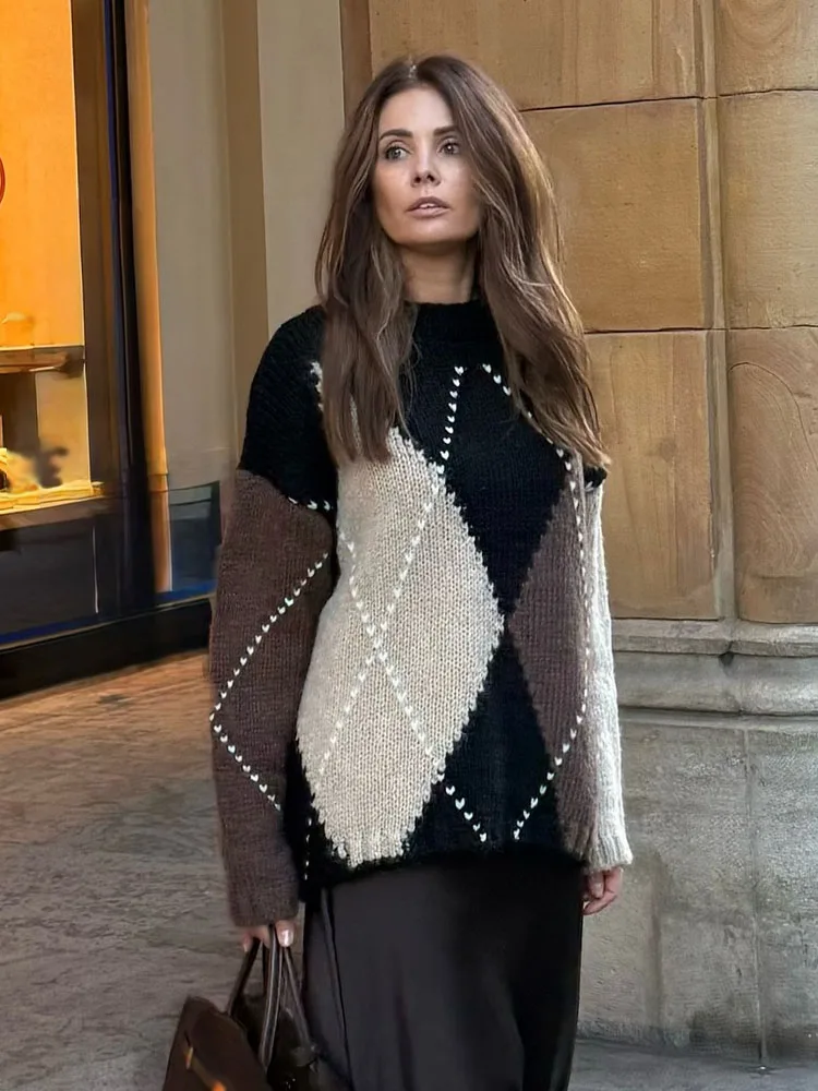 

HH 2026, женские осенние новые модные шикарные свитера, топы с рисунком Argyle, пуловер с круглым вырезом и длинными рукавами, женские повседневные свободные вязаные топы