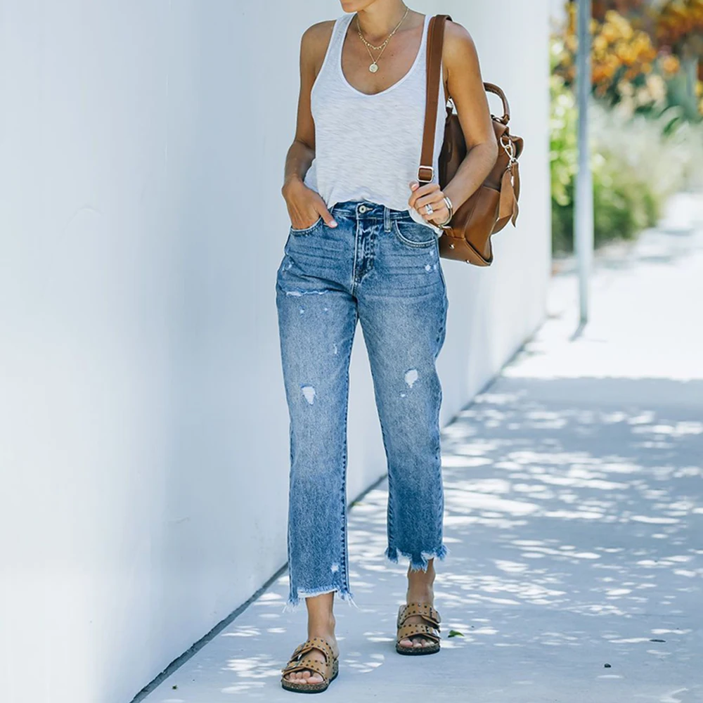 ارتفاع الخصر ممزق الدينيم النساء السراويل سراويل أنيقة عادية سليم اقتصاص مستقيم الجينز الملابس النسائية S M L XL XXL #5