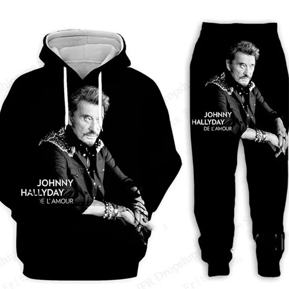 

Мужской комплект Rok Singer Johnny Hallyday Комплекты с 3d принтом Мужчины Женщины Модная толстовка + брюки Комплекты из 2 предметов Спортивные спортивные костюмы из двух предметов