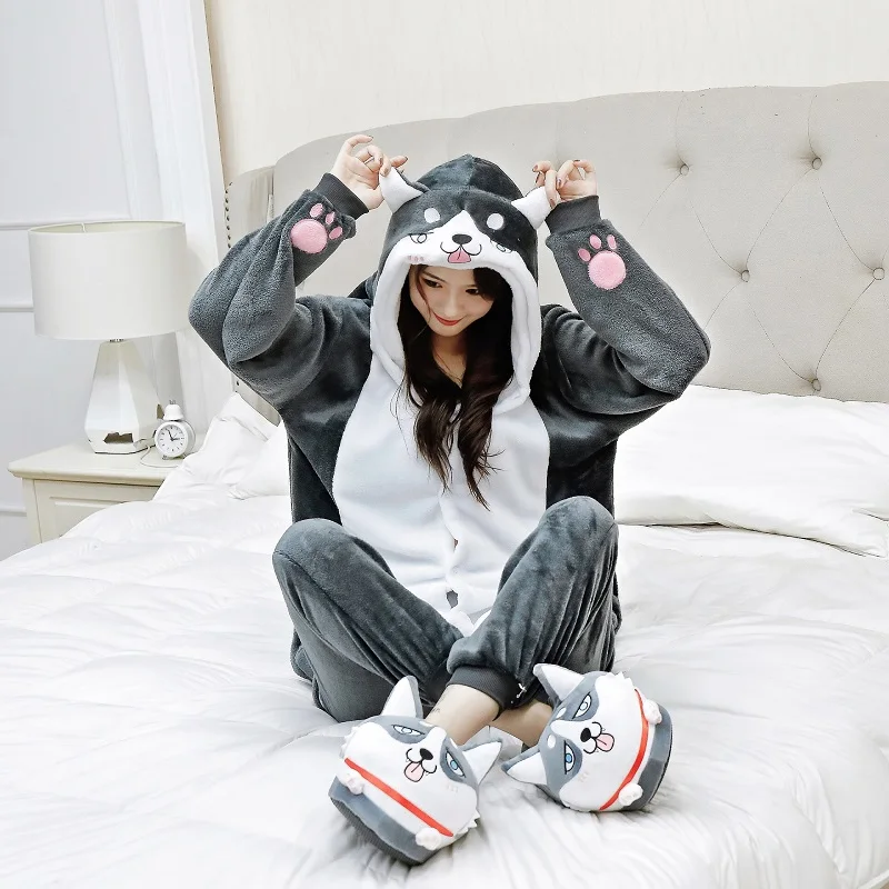 Adults Women Men Animal Corgi Husky Onesies Pajama Flannel Kigurumi Cartoon Dog Cosplay Warm Winter Homewear Jumpsuit