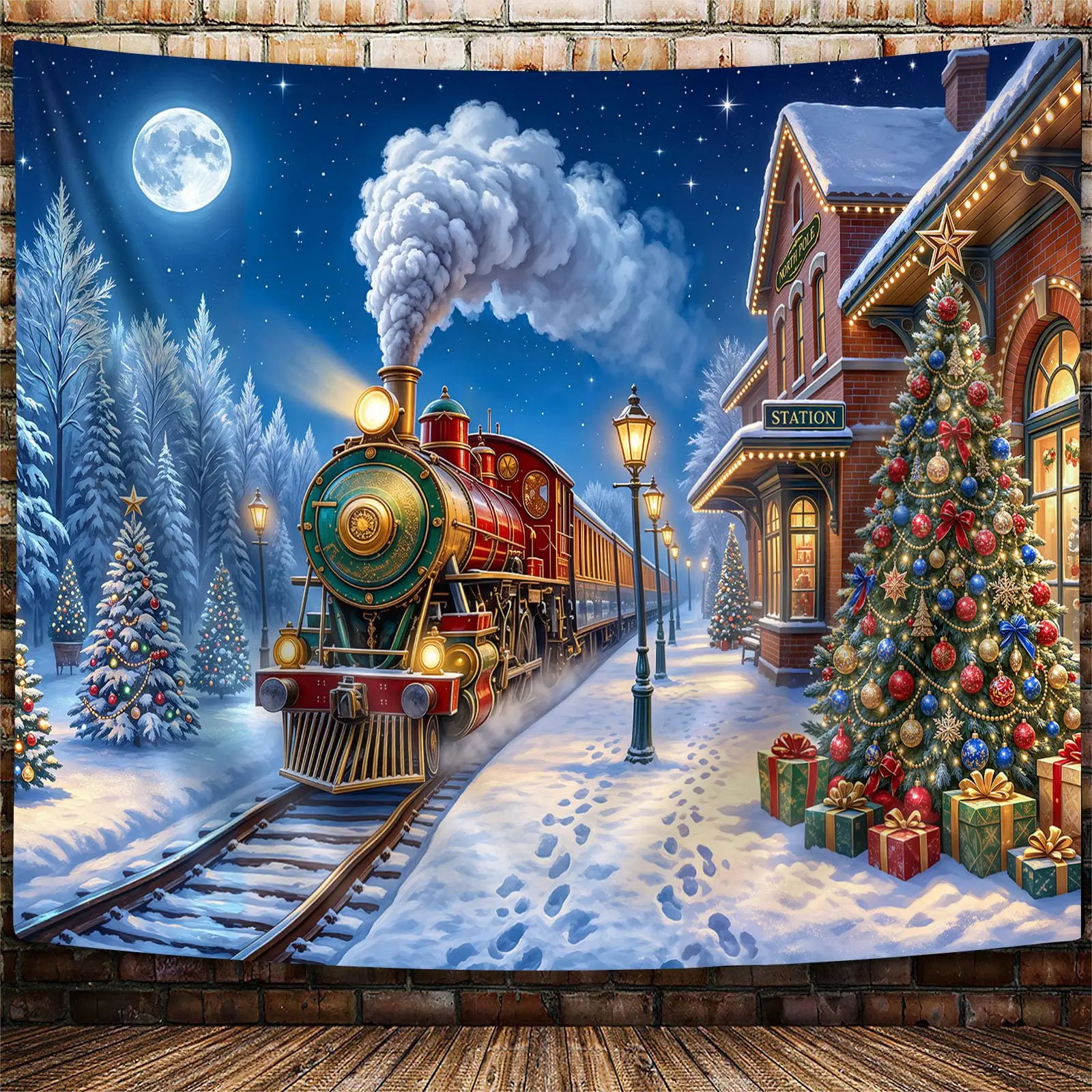 VIKAMA Christmas Train Station Tree Gift Wall Tapestry Festive Winter Holiday Home Decor Trendy Art Soft Durable Cozy Aesthetic