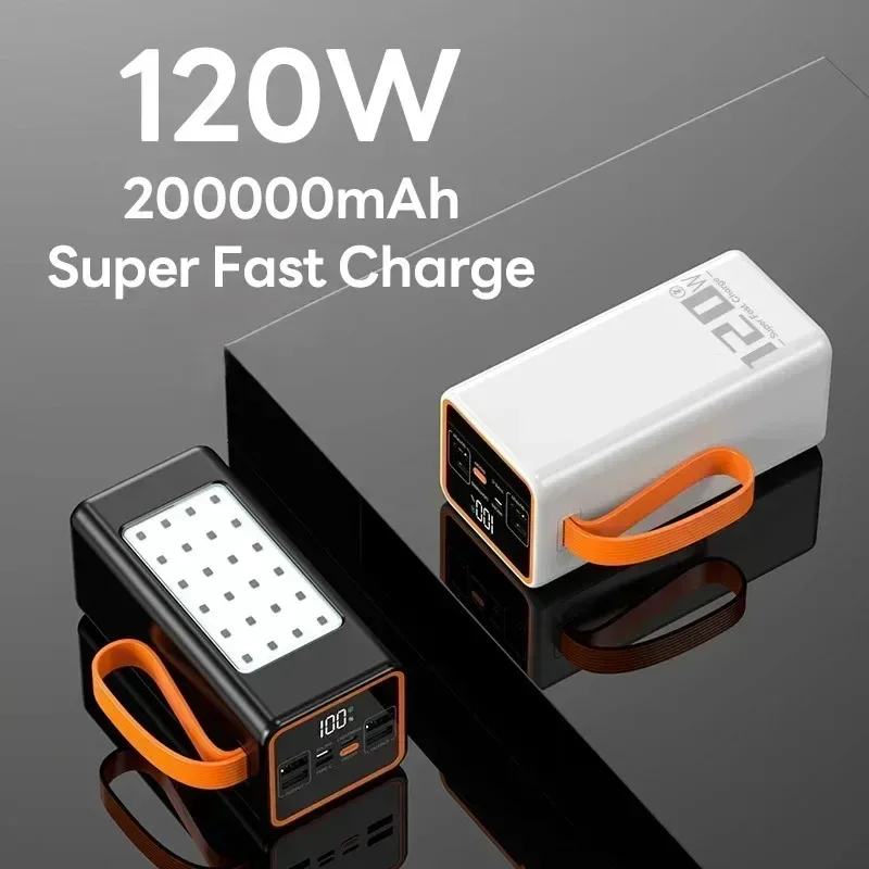 Banque d'alimentation à charge super rapide, chargeur de batterie externe portable, lumière LED, iPhone, Xiaomi, ordinateur portable, nouveau, 120W, 200000mAh