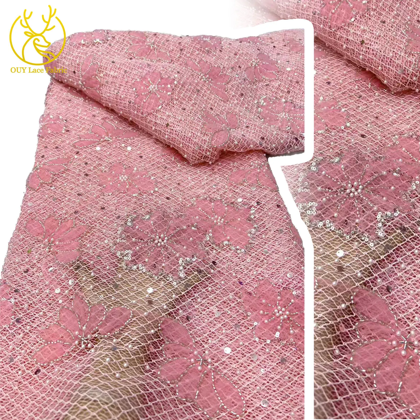 

Peach African Beaded Mesh Lace Fabric 2025 Elegant French Sequin Lace Fabric Suitable for Women's Party Dress Sewing 5 yards