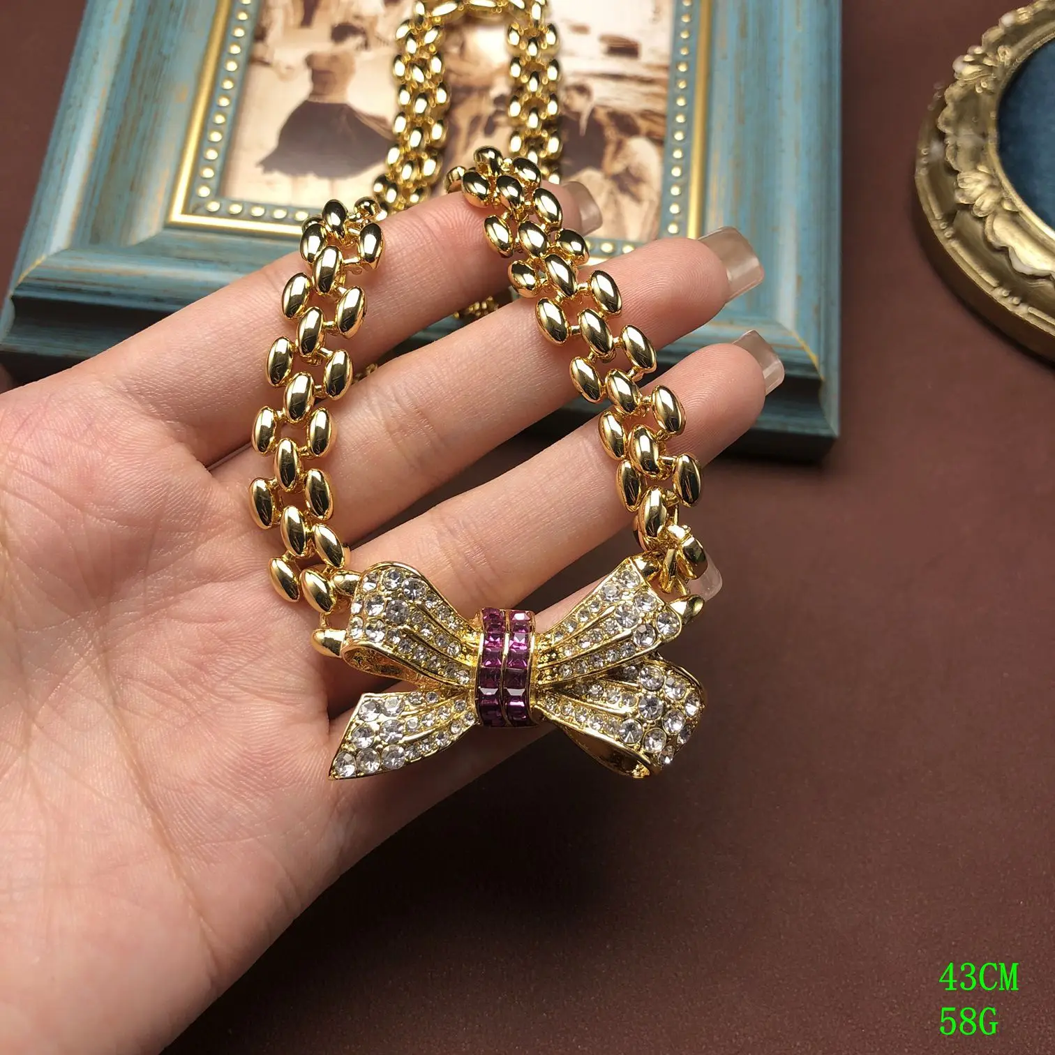 إحساس تصميم المجوهرات العتيقة الأوروبية والأمريكية، قلادة على شكل فيونكة ذهبية حقيقية متعددة الاستخدامات مطلية بالكهرباء، مشبك أذن مرصع بالألماس #3