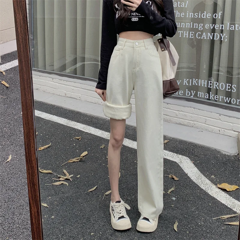 

Широкие джинсовые джинсы с высокой талией, женские осенние новые утягивающие свободные прямые брюки, длинные брюки большого размера, бежевые