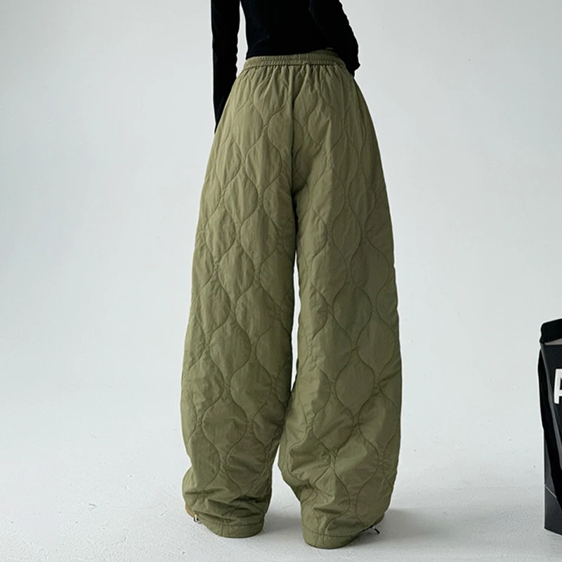 Women Winter Warm Stitched Cotton Pants Casual Loose Quilted Padded Trousers Elastic High Waist Drawstring Pants