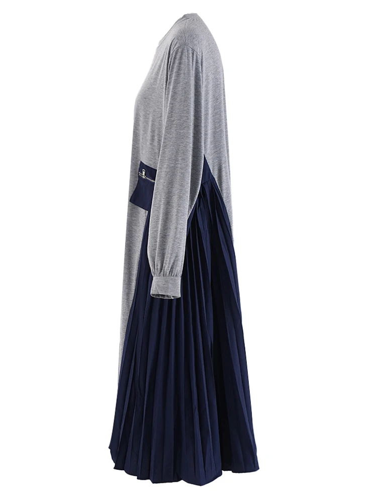 [EAM] Women Gray Blue Color-block Pleated Big Size Midi Dress New Round Neck Long Sleeve Fashion Tide Spring Autumn 2024CPG2346