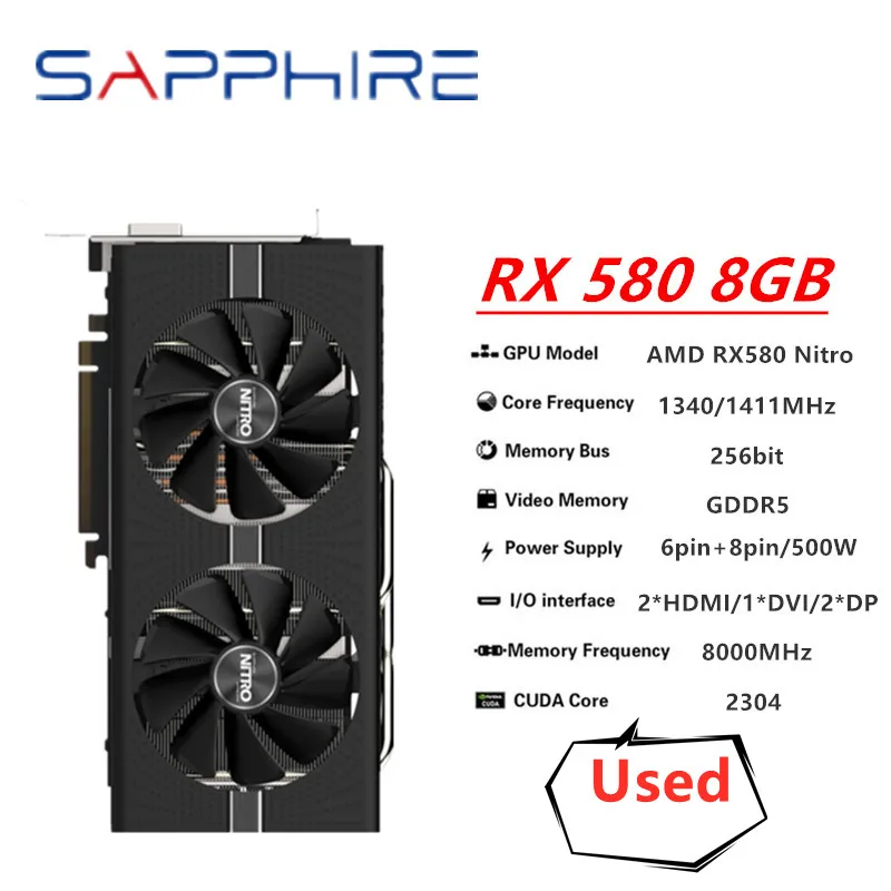 SAPPHIRE-tarjeta gráfica Original RX 580 8G NITRO, tarjeta gráfica de juego RX 580, GDDR5, tarjeta de función de Efecto de lámpara RGB de 256 bits, 35% de descuento