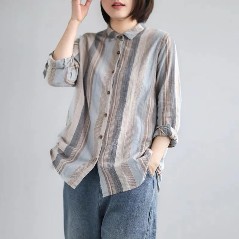 

Cotton Linen Women's Long Sve Striped irt Collar Button Detail Regular Fit Commute Sle Casual Fem Top