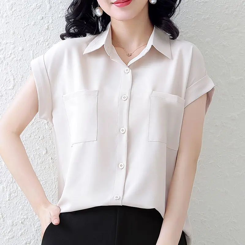 Women\'s Clothing Summer Fashion Solid Loose Elegant Buttton Up Shirt Simple Office Lady Commute Blouse Short Sleeve Tops Blusas