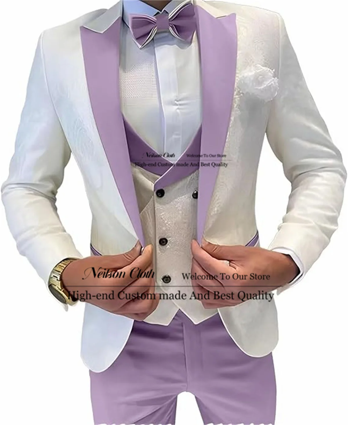 

White Jacquard Male Prom Blazers 3 Pcs Sets Violet Pants Groom Wedding Tuxedos Slim Fit Customized Peaked Lapel Costume Homme