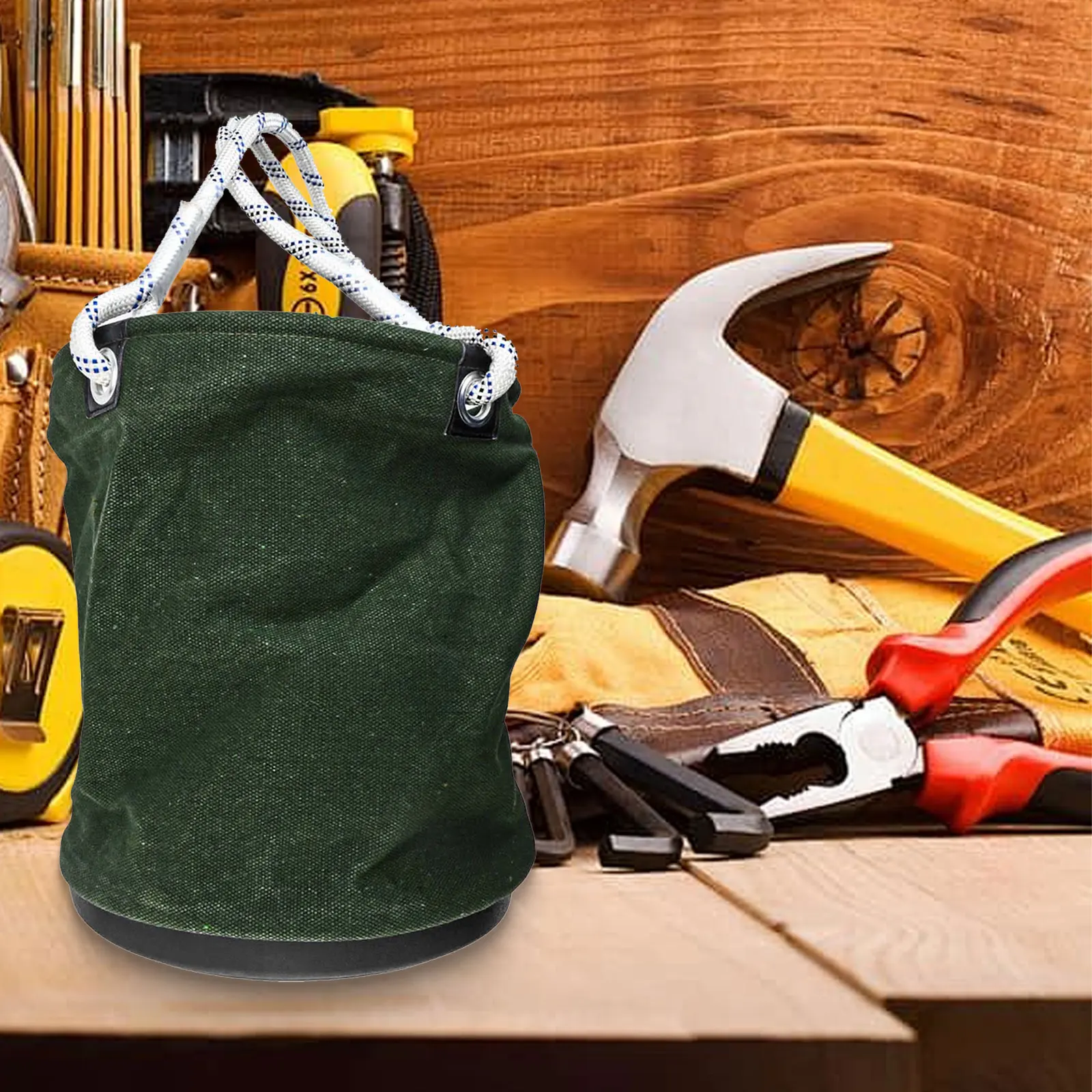 Canvas Utility Tool Bucket with Plastic Bottom and Thick Rope Handles for Electrician and Gardening Tool Usage